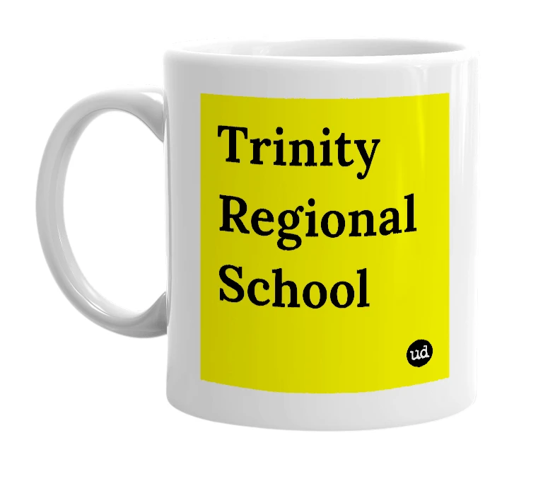White mug with 'Trinity Regional School' in bold black letters