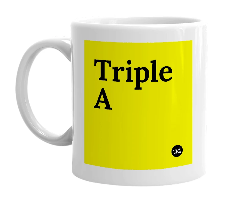 White mug with 'Triple A' in bold black letters