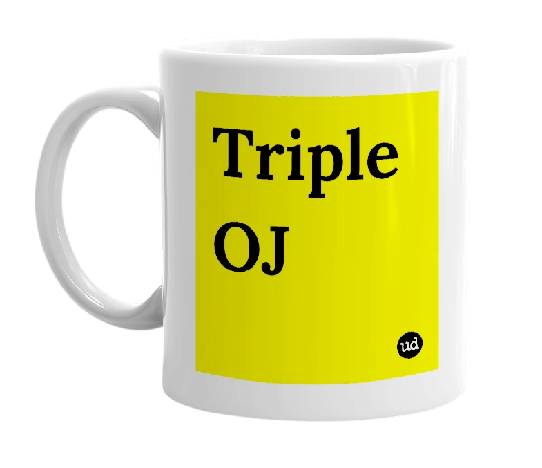 White mug with 'Triple OJ' in bold black letters