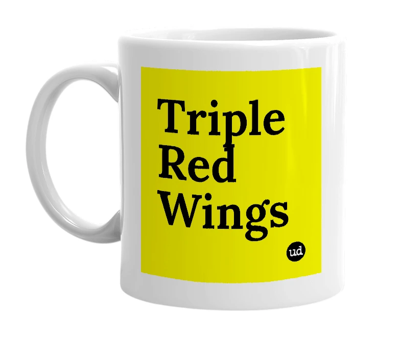 White mug with 'Triple Red Wings' in bold black letters