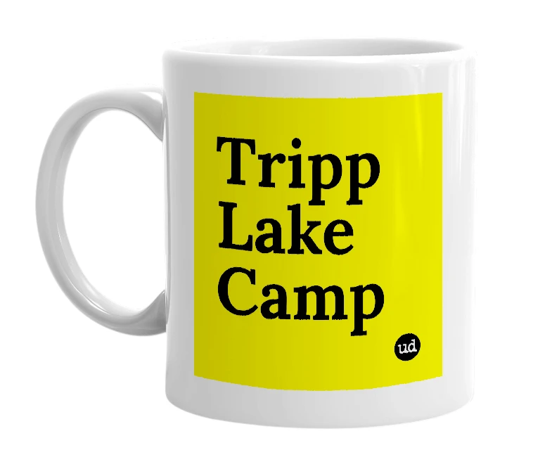 White mug with 'Tripp Lake Camp' in bold black letters