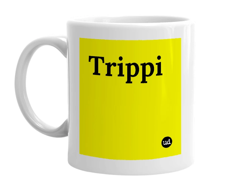 White mug with 'Trippi' in bold black letters