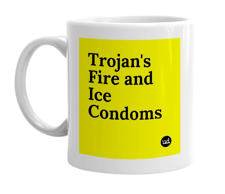 White mug with 'Trojan's Fire and Ice Condoms' in bold black letters