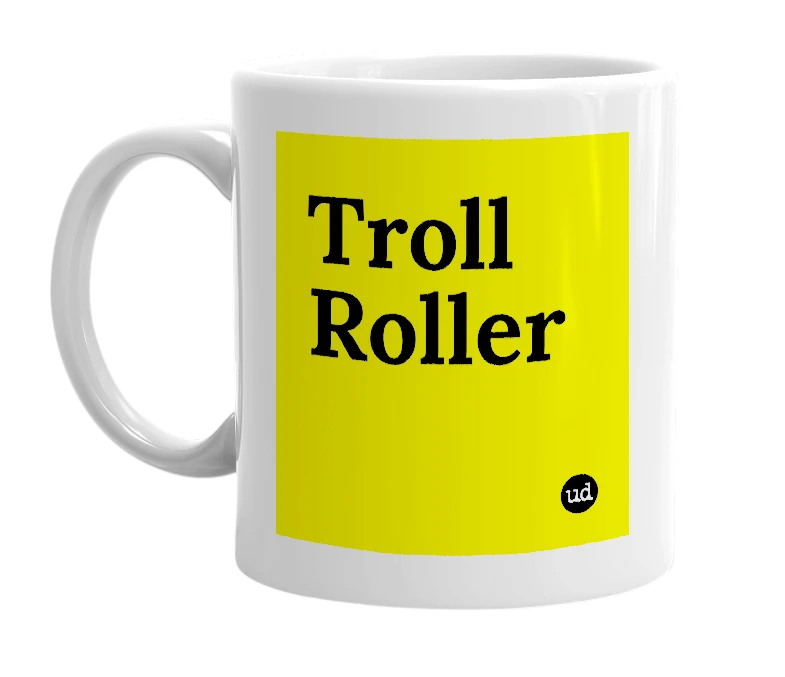 White mug with 'Troll Roller' in bold black letters
