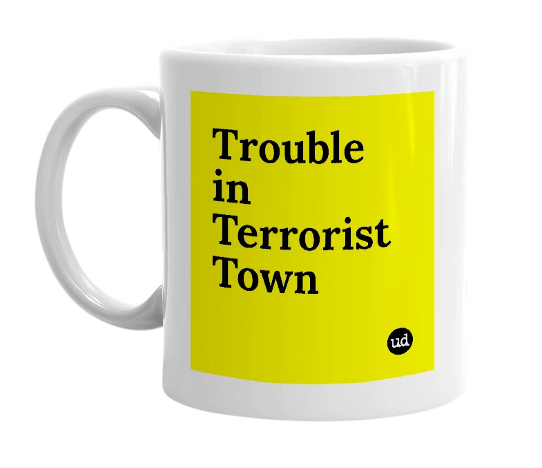 White mug with 'Trouble in Terrorist Town' in bold black letters