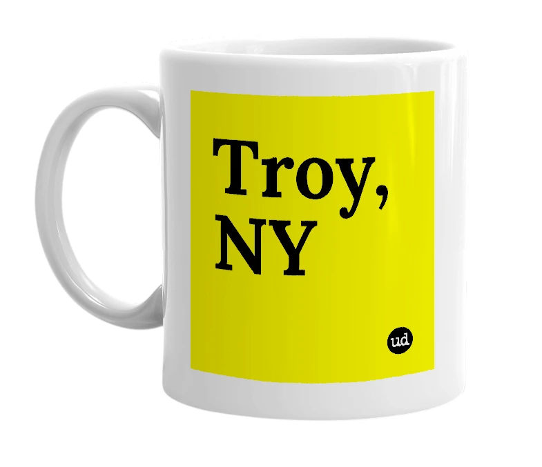 White mug with 'Troy, NY' in bold black letters