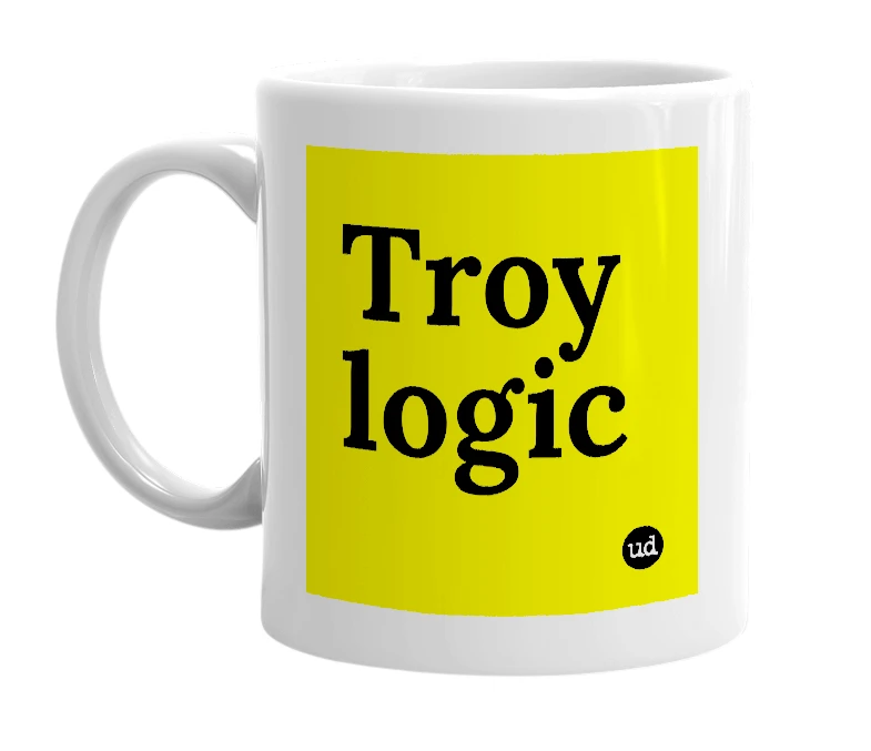 White mug with 'Troy logic' in bold black letters