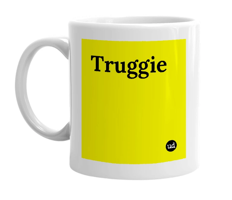 White mug with 'Truggie' in bold black letters