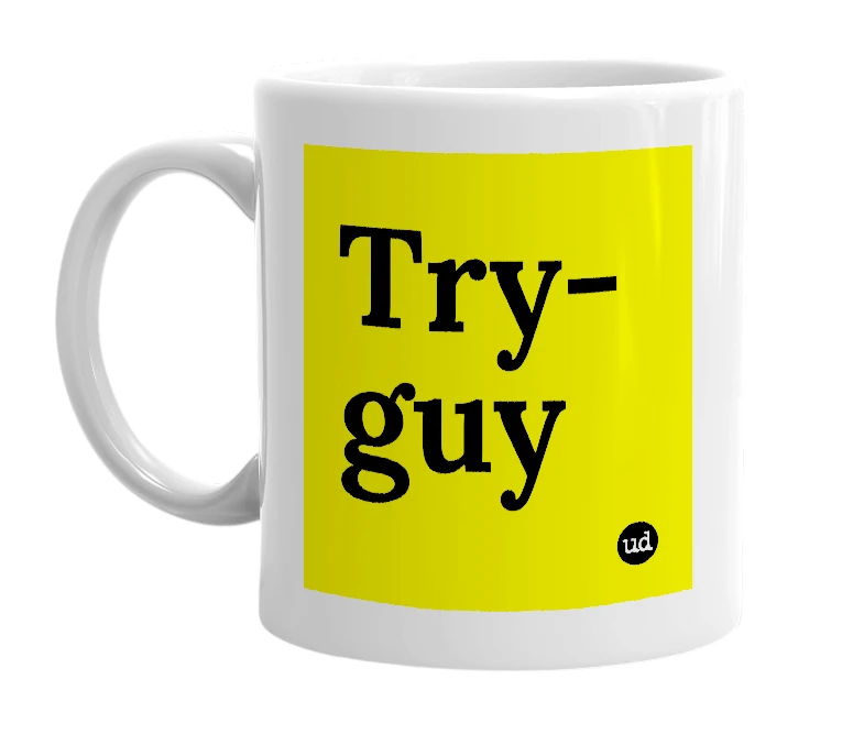 White mug with 'Try-guy' in bold black letters