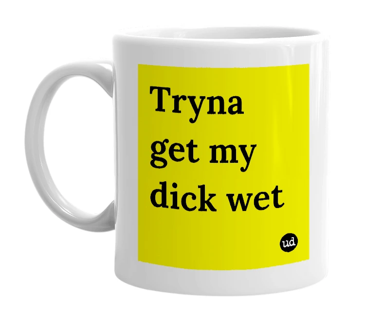 White mug with 'Tryna get my dick wet' in bold black letters