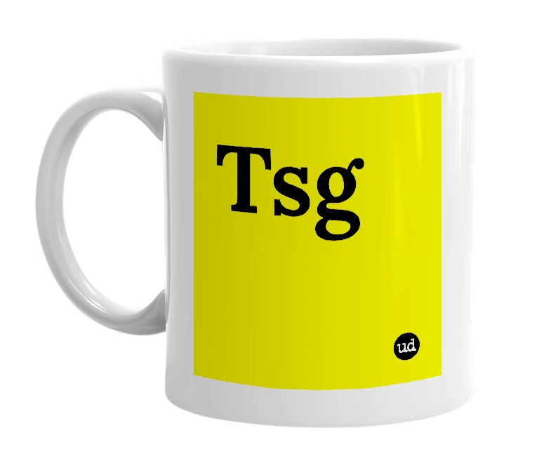 White mug with 'Tsg' in bold black letters