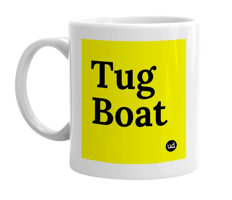 White mug with 'Tug Boat' in bold black letters
