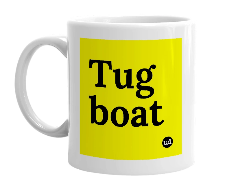 White mug with 'Tug boat' in bold black letters