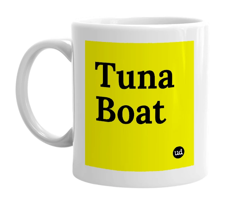 White mug with 'Tuna Boat' in bold black letters