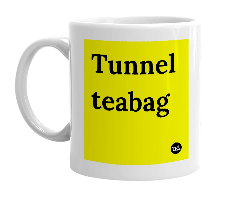 White mug with 'Tunnel teabag' in bold black letters