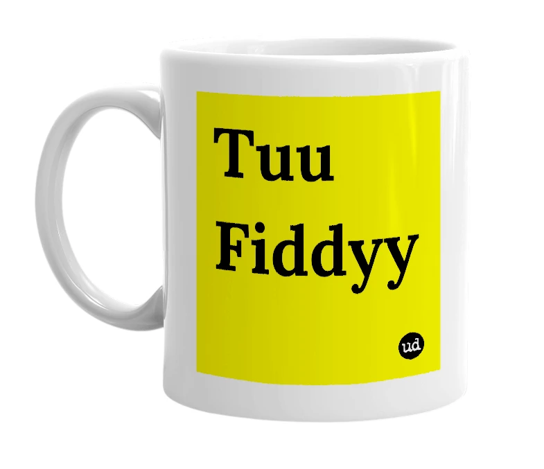 White mug with 'Tuu Fiddyy' in bold black letters