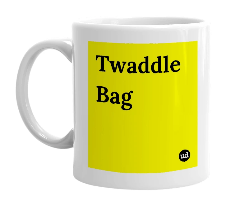 White mug with 'Twaddle Bag' in bold black letters
