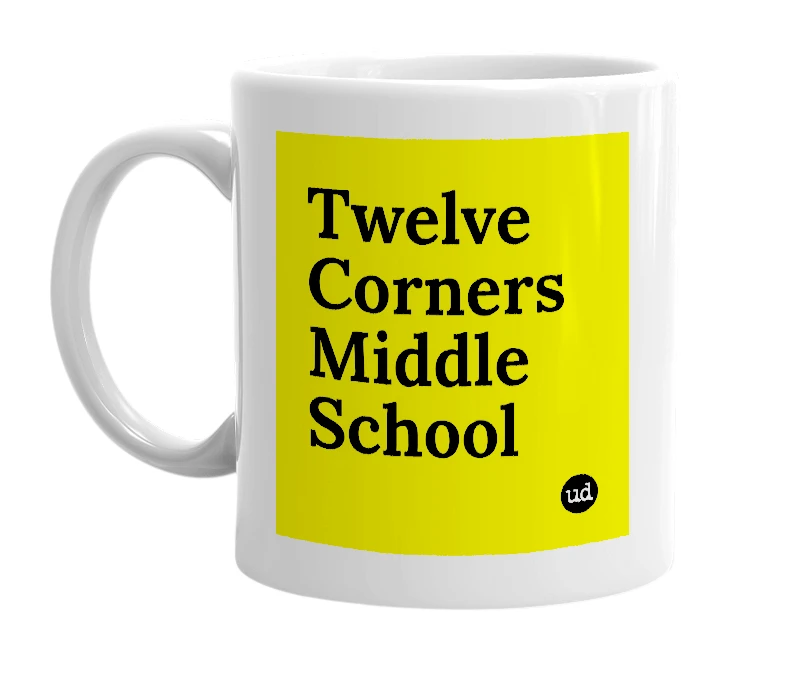 White mug with 'Twelve Corners Middle School' in bold black letters