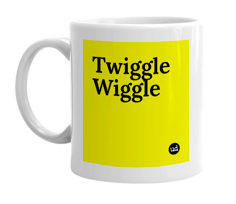 White mug with 'Twiggle Wiggle' in bold black letters