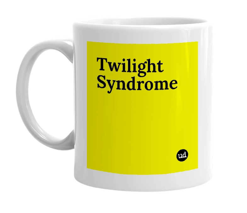 White mug with 'Twilight Syndrome' in bold black letters