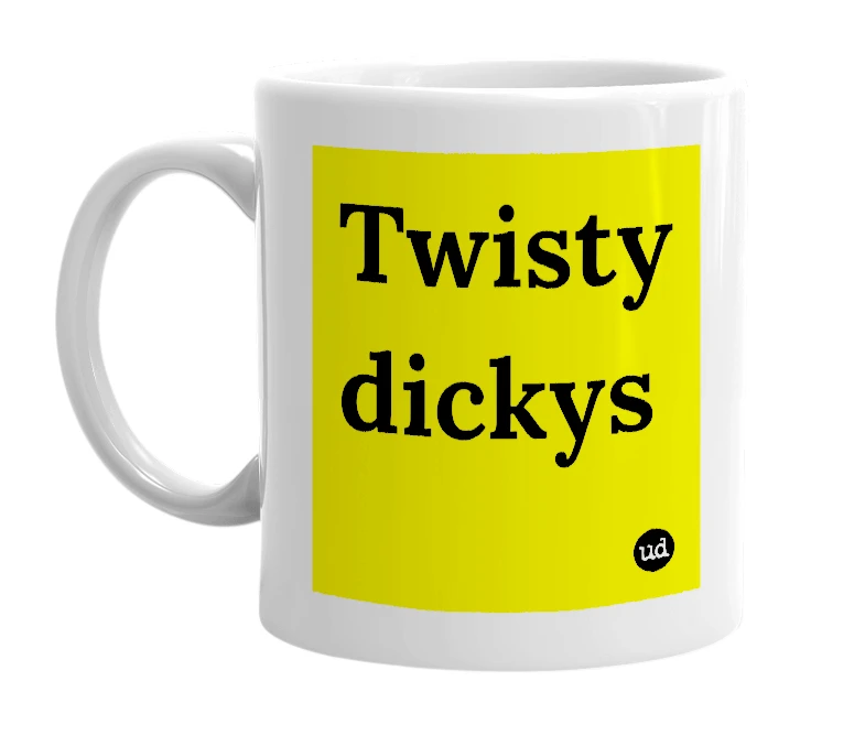 White mug with 'Twisty dickys' in bold black letters