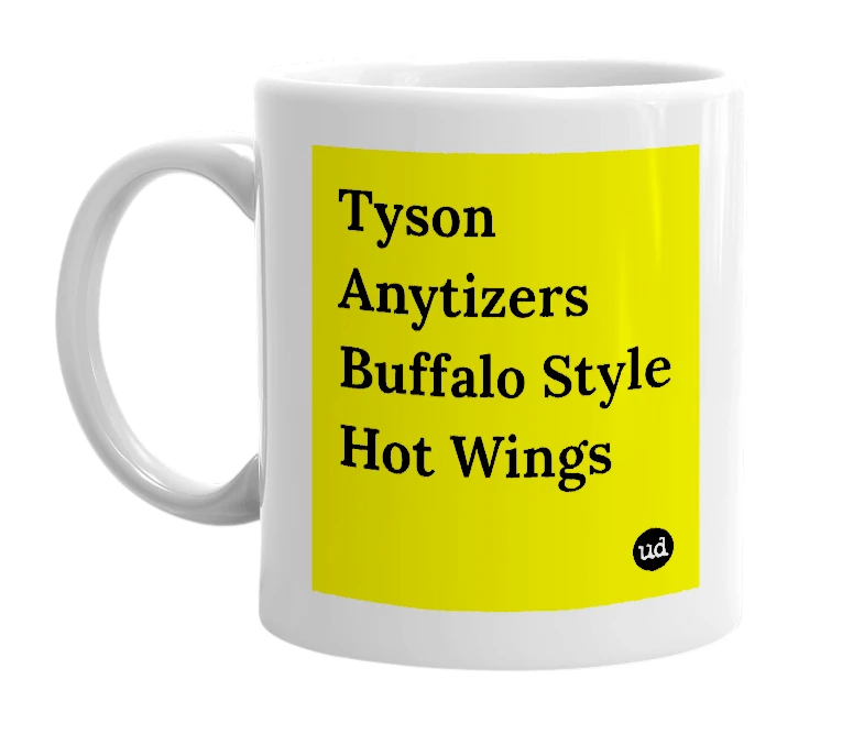 White mug with 'Tyson Anytizers Buffalo Style Hot Wings' in bold black letters