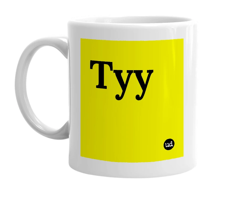 White mug with 'Tyy' in bold black letters