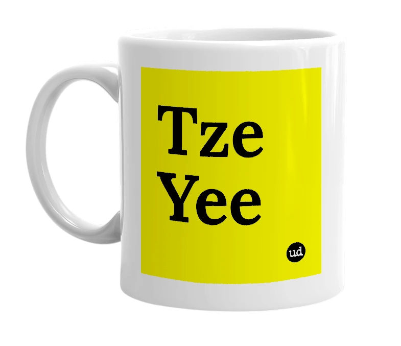 White mug with 'Tze Yee' in bold black letters