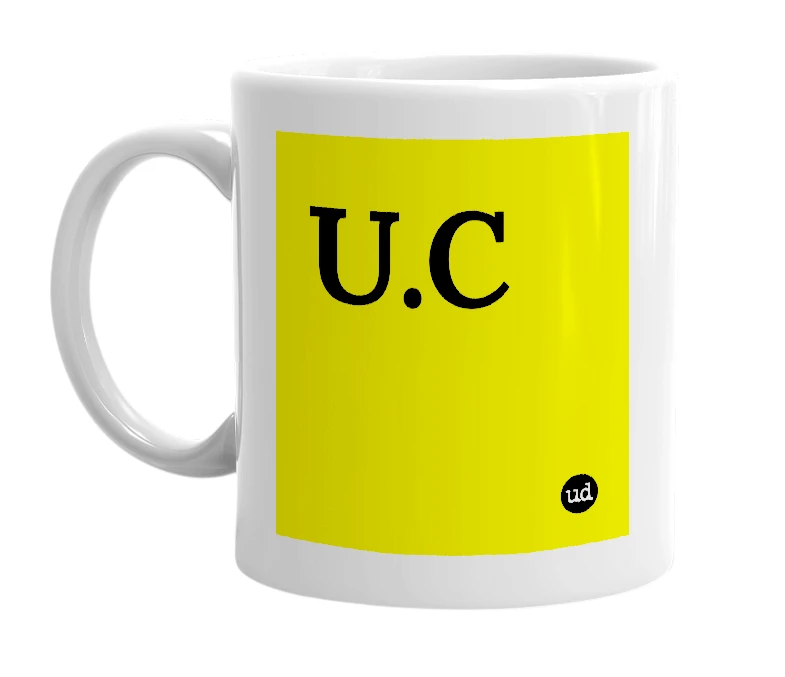White mug with 'U.C' in bold black letters