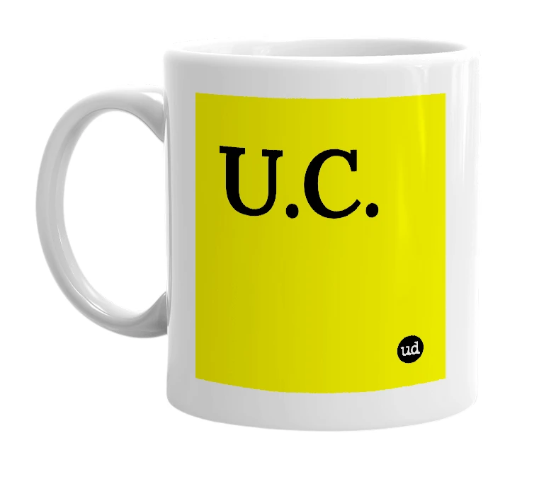 White mug with 'U.C.' in bold black letters