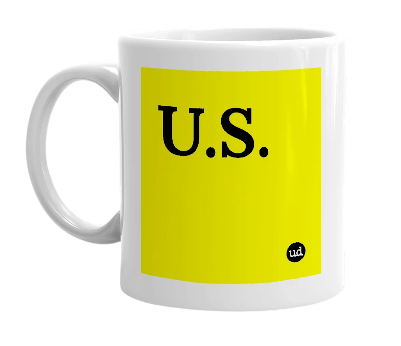 White mug with 'U.S.' in bold black letters