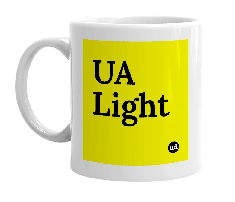 White mug with 'UA Light' in bold black letters