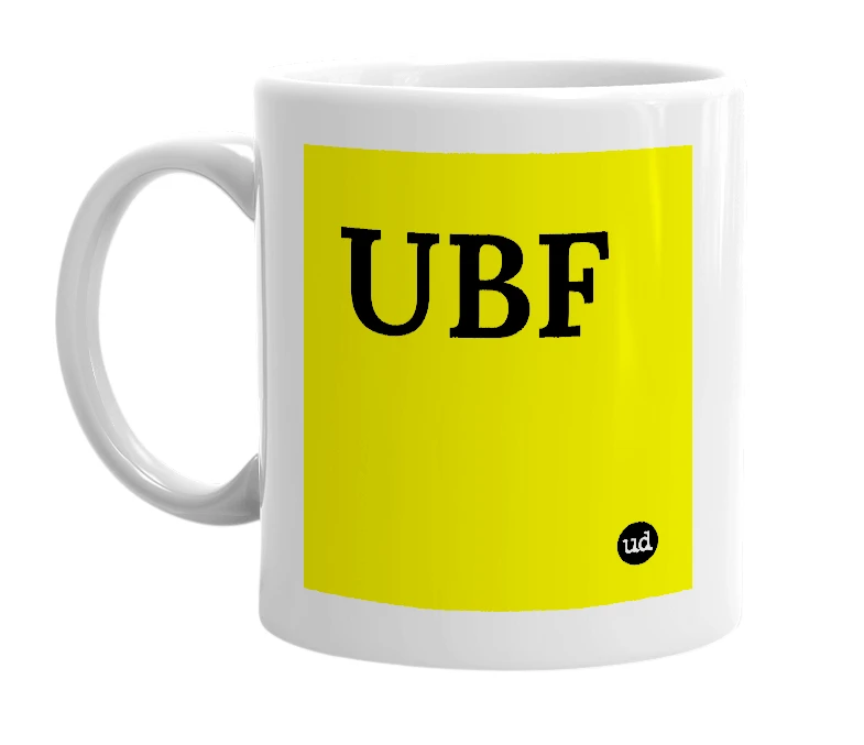 White mug with 'UBF' in bold black letters