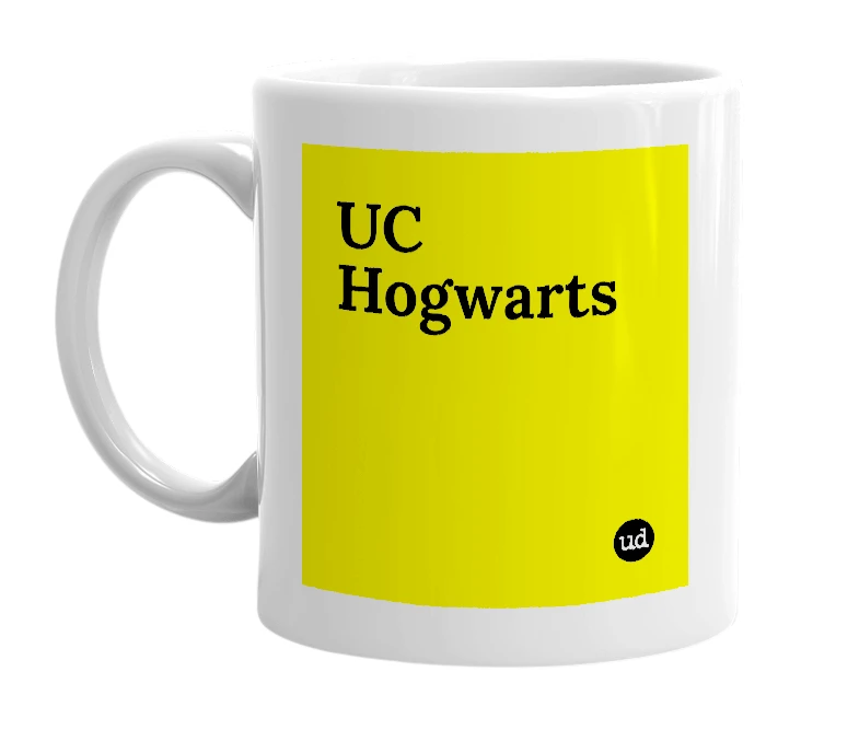 White mug with 'UC Hogwarts' in bold black letters
