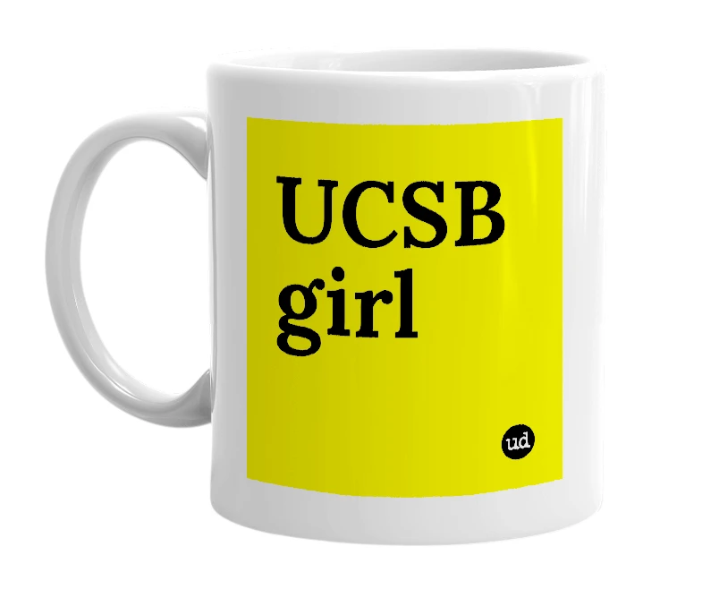 White mug with 'UCSB girl' in bold black letters