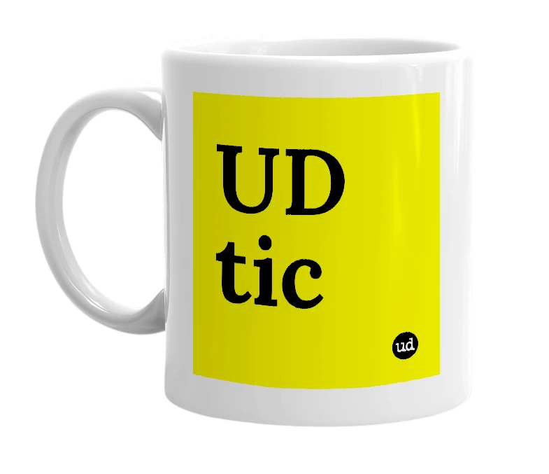 White mug with 'UD tic' in bold black letters