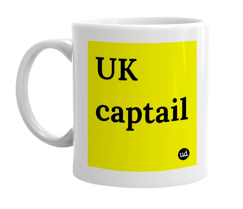 White mug with 'UK captail' in bold black letters