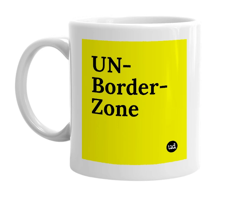 White mug with 'UN-Border-Zone' in bold black letters