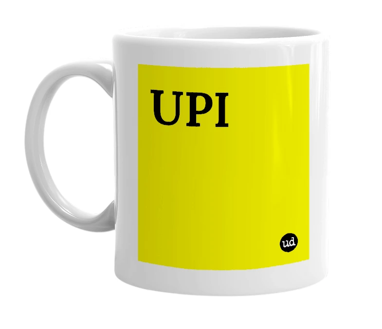 White mug with 'UPI' in bold black letters