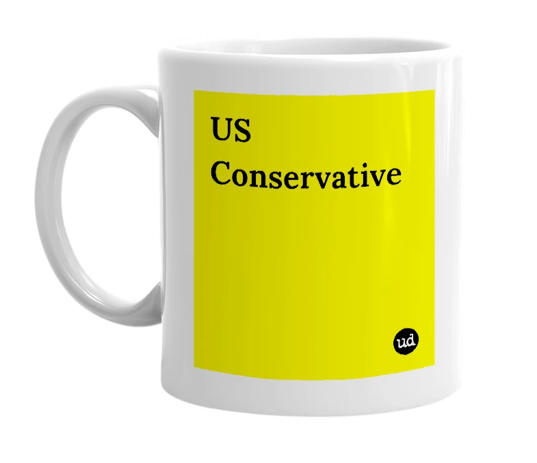 White mug with 'US Conservative' in bold black letters