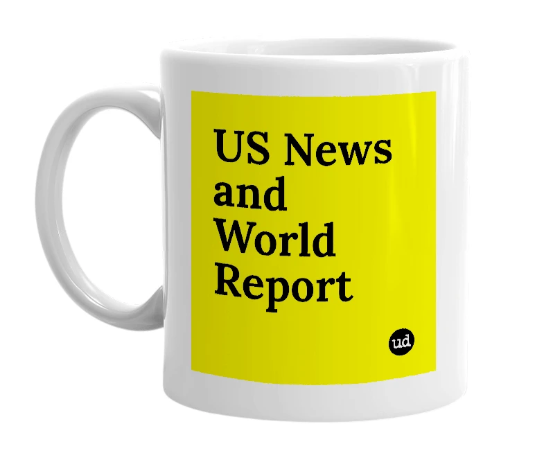 White mug with 'US News and World Report' in bold black letters