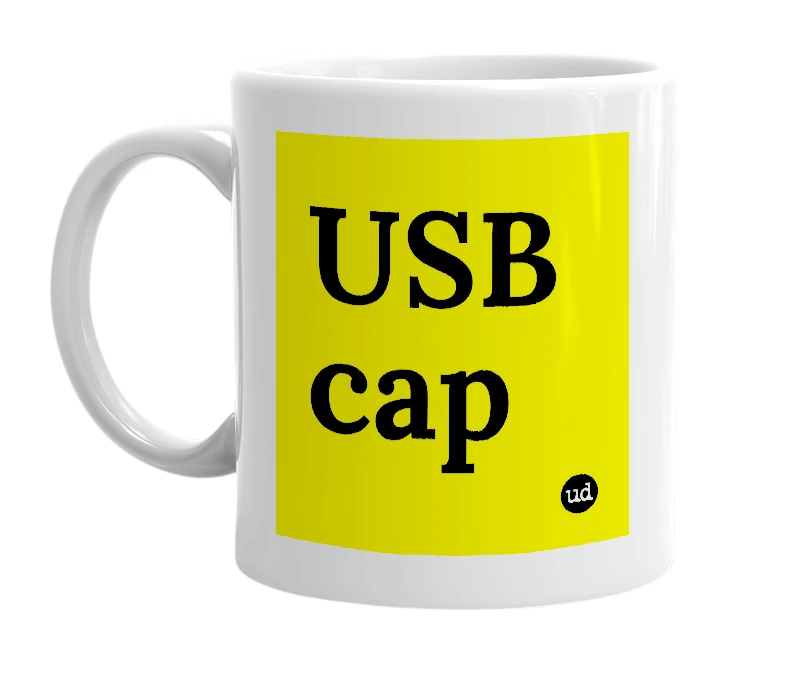 White mug with 'USB cap' in bold black letters