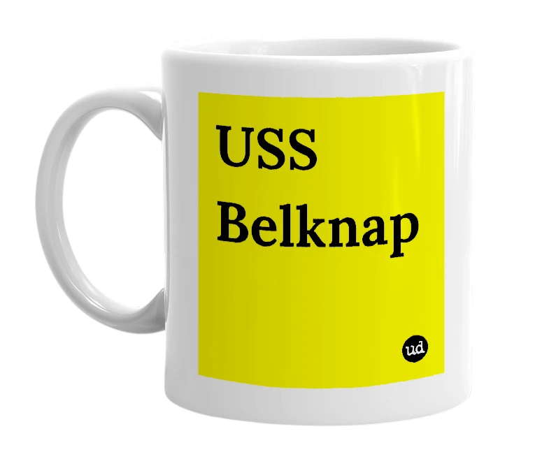 White mug with 'USS Belknap' in bold black letters
