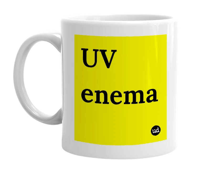White mug with 'UV enema' in bold black letters