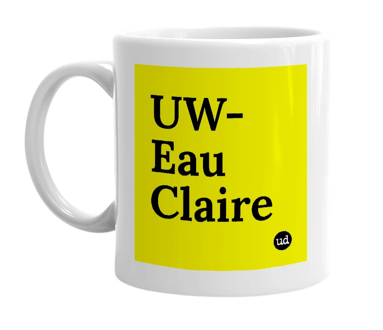 White mug with 'UW-Eau Claire' in bold black letters