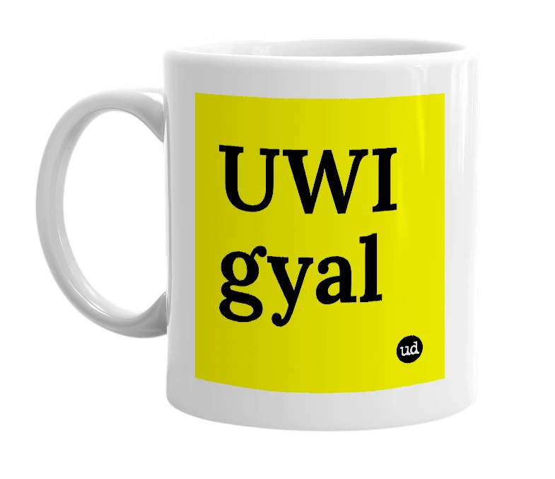 White mug with 'UWI gyal' in bold black letters
