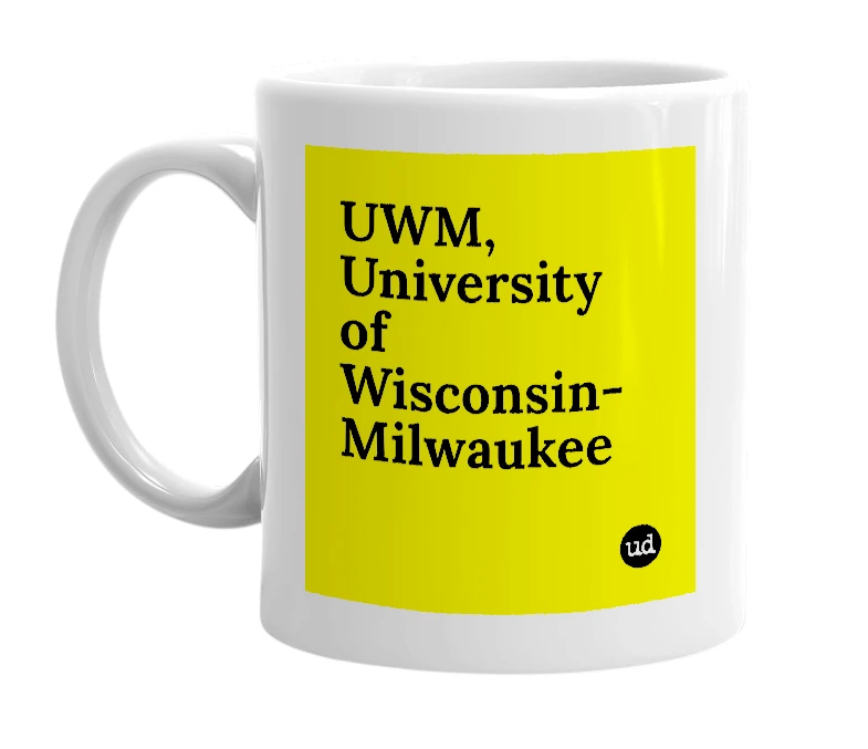 White mug with 'UWM, University of Wisconsin-Milwaukee' in bold black letters