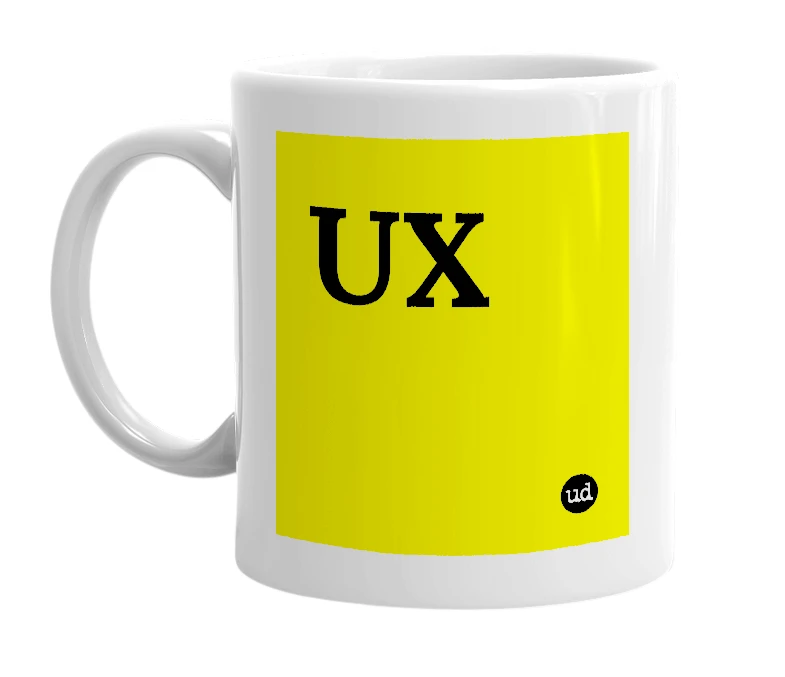 White mug with 'UX' in bold black letters