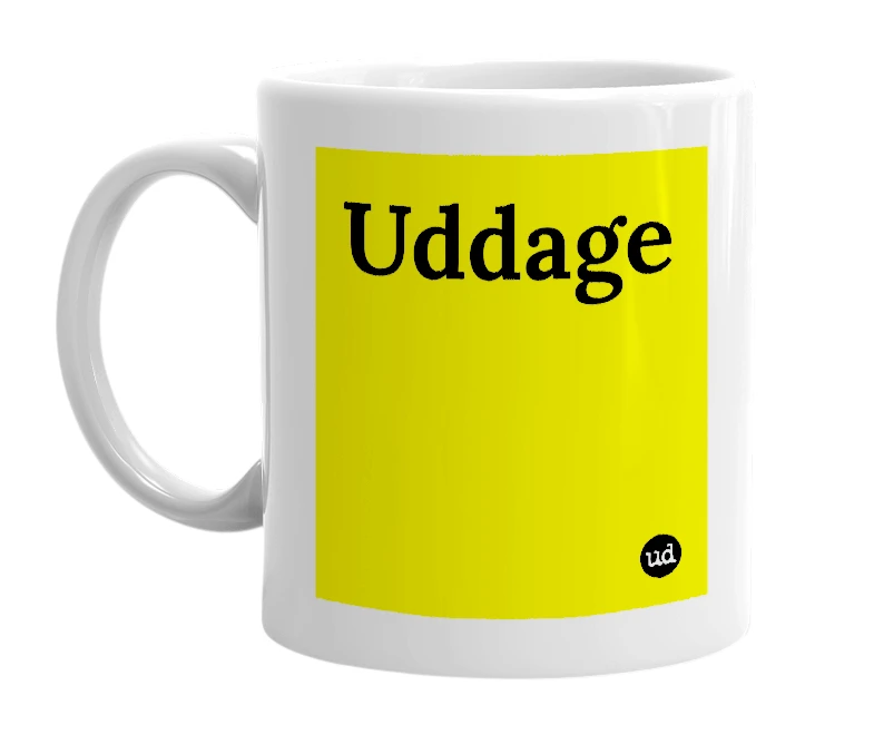 White mug with 'Uddage' in bold black letters