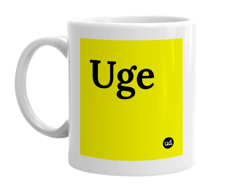 White mug with 'Uge' in bold black letters